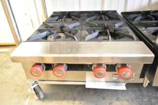 Brand new Therma-Tek TCHP24-4L stainless steel 4-burner propane gas range, 30,000 BTU, commercial countertop model.