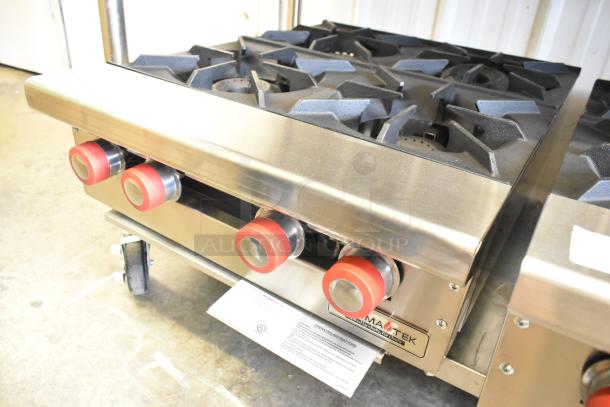 Brand new Therma-Tek TCHP24-4L stainless steel propane 4-burner range, 30,000 BTU, commercial countertop model.