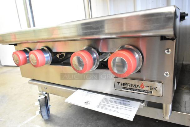 BRAND NEW Therma-Tek TCHP24-4L stainless steel commercial 4-burner propane gas range, 30,000 BTU, with operating instructions.