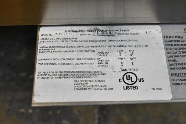 Therma-Tek TCHP24-4L stainless steel propane 4 burner range label, 30,000 BTU, commercial use, gas-fired, UL listed.
