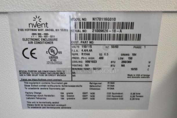 Hoffmann N170116G010 Spectracool Compact AC, 115V, 1025 BTU, new condition, nVent label with specs and serial information visible.