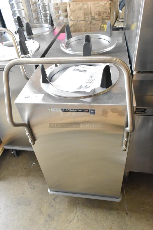 Brand new Lakeside stainless steel 2-well plate dispenser on casters, 120V, 1 phase, NSF certified, durable and mobile.