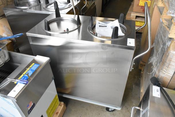 Brand new Lakeside stainless steel 2-well plate dispenser on commercial casters, 120 volts, 1 phase, with manual.