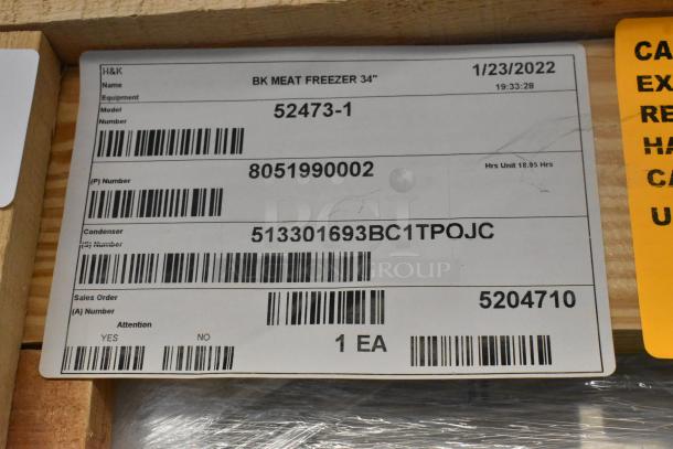 BRAND NEW BKI 52473-1 Stainless Steel Commercial Freezer tag showing model, serial numbers, and specs.