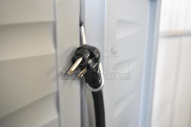 Brand new Metro C537-HFS-U-GY heated holding cabinet plug detail; solid gray door, commercial casters, 120V, 1-phase.