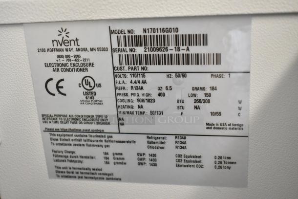 Hoffmann N170116G010 Spectracool AC label, 115V, 1025 BTU, lists model, volts, refrigerant R134A, UL certified.