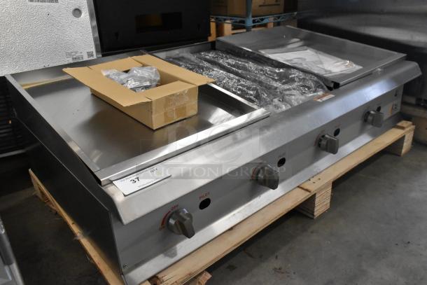 Brand new Cooking Performance Group 48" stainless steel gas charbroiler, model 351CRCPG48NL, 160,000 BTU, on pallet.