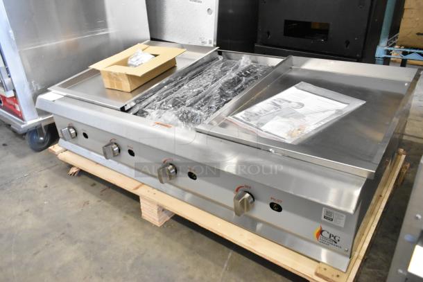 Brand new Cooking Performance Group 48" stainless steel charbroiler, model 351CRCPG48NL, 160,000 BTU, minor scratches.
