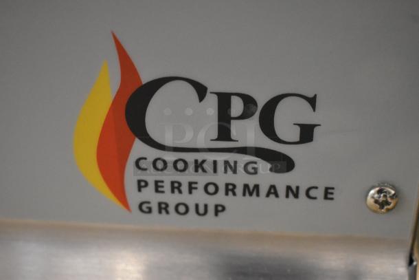 Cooking Performance Group logo on stainless steel surface of countertop radiant charbroiler, model 351CRCPG48NL.