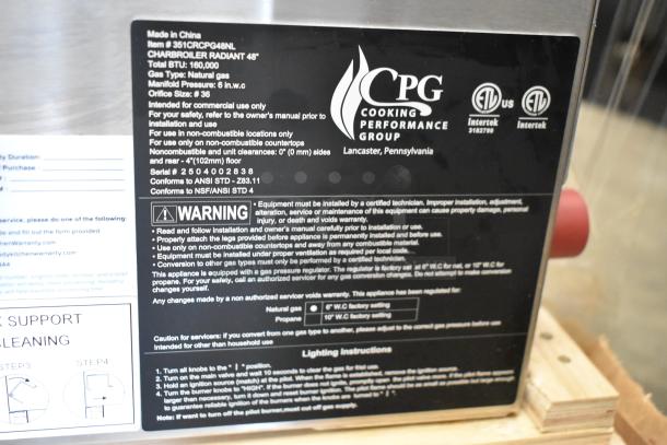 BRAND NEW Cooking Performance Group CPG CR-CPG-48-NL Stainless Steel 48" Natural Gas Charbroiler, 160,000 BTU. Commercial use. Markings indicate model and safety details.
