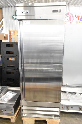 Brand new 2024 Avantco 178SS1RHC stainless steel commercial freezer, single door, poly-coated racks, 115V, minor scratches.