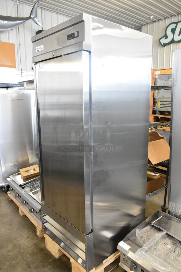 Brand new Avantco 178SS1RHC stainless steel reach-in freezer, single door, poly coated racks, 115V, 1 phase, minor scratches.