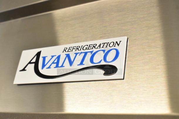Brand new Avantco 178SS1RHC stainless steel commercial freezer with poly-coated racks, 115V, single-phase. Label shown.