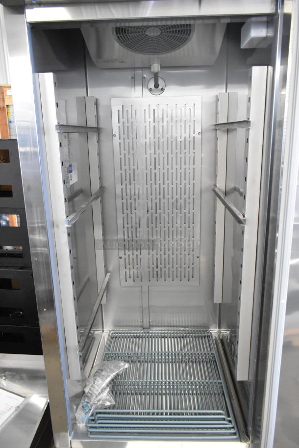 Brand new Avantco 178SS1RHC commercial freezer, single door, stainless steel, with poly-coated racks, minor scratches.