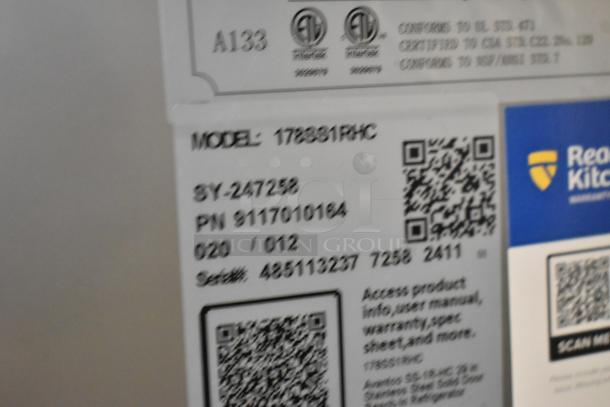 Label on Avantco 178SS1RHC freezer showing model, serial number, and certification details. QR codes visible.