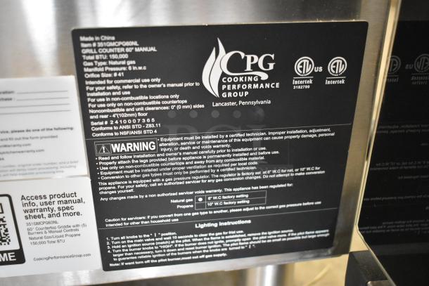 BRAND NEW 2024 Cooking Performance Group 60" Natural Gas Griddle, 150,000 BTU, scratch and dent, stainless steel, model 351GMCPG60NL.