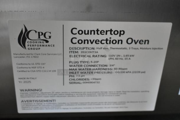 BRAND NEW Cooking Performance Group 351COHT3A stainless steel electric countertop convection oven. Features half-size, 3 trays, thermostatic control, moisture injection. 110V, 1 Phase.