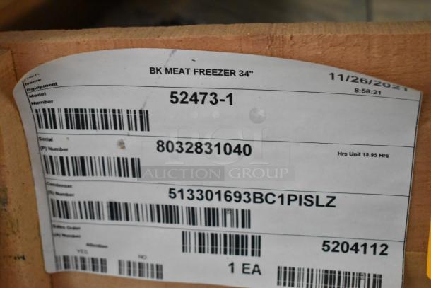 BRAND NEW! 2021 BKI 52473-1 stainless steel commercial freezer on casters, 115 volts, 1 phase, model label visible.