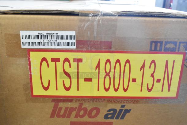 Turbo Air CTST-1800-13-N box with label and barcode, showcasing a brand new stainless steel countertop refrigerated rail.