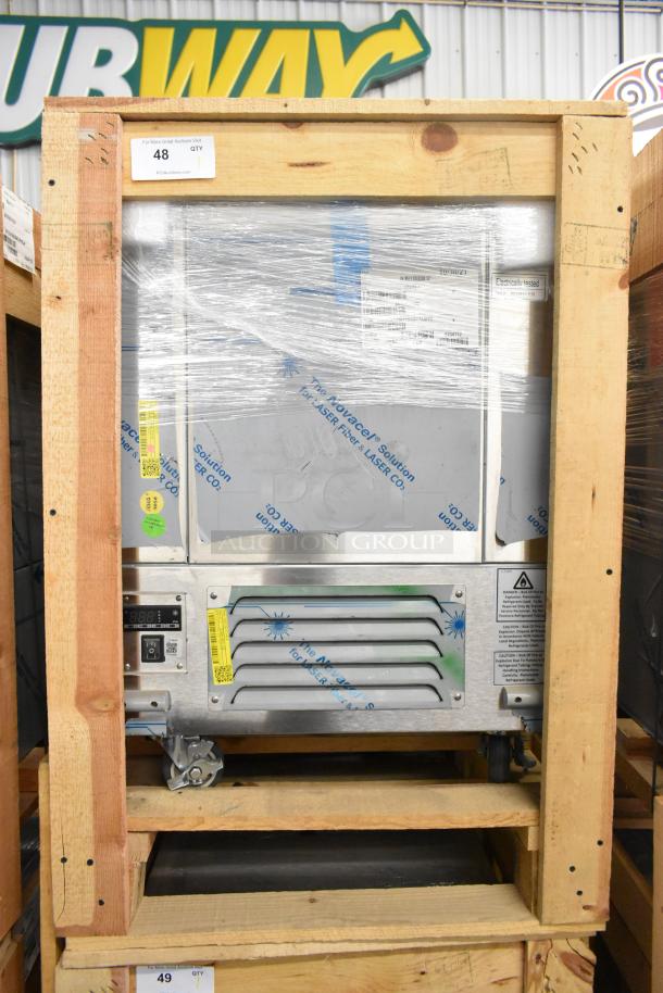 Brand new 2021 BKI 52473-1 stainless steel commercial freezer on casters, 115V, labeled tested, in original packaging.