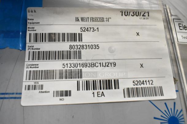 BKI 52473-1 stainless steel commercial freezer label showing model and serial numbers, 115V, 1 phase, new condition.