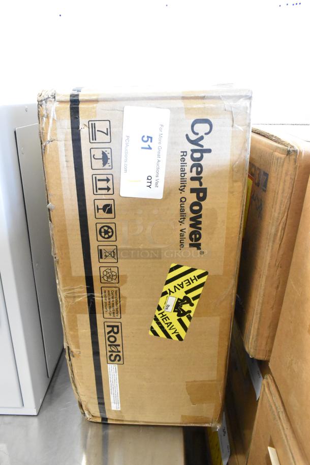 Brand new CyberPower PR1000LCDRTXL2UTAA UPS in sealed box. Box has CyberPower branding and handling icons.