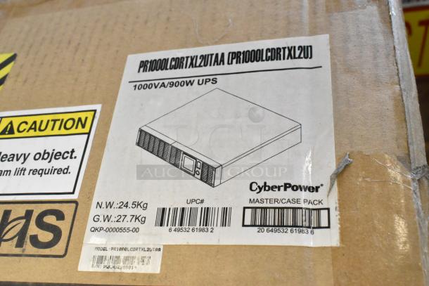 BRAND NEW CyberPower PR1000LCDRTXL2UTAA UPS in original packaging, 1000VA/900W, with caution label and product details visible.
