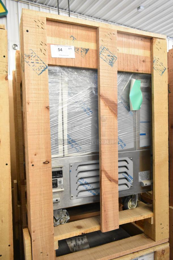 BKI 52473-1 stainless steel commercial freezer, brand new, on casters, packaged in wooden crate, 115V, 1 phase.