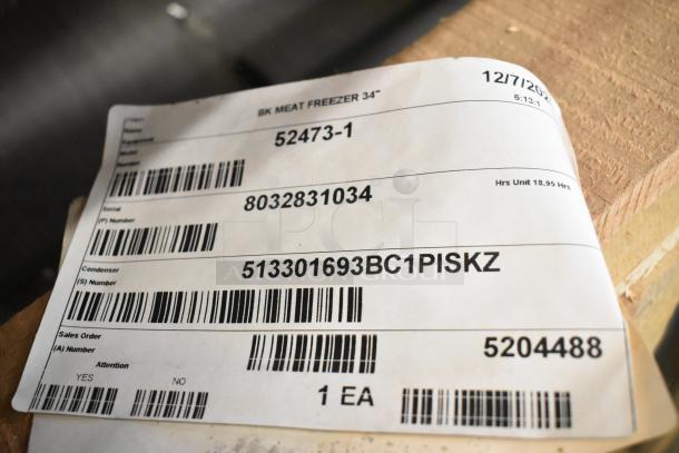 BRAND NEW 2021 BKI 52473-1 Stainless Steel Commercial Freezer label with serial and barcode details, on casters, 115V, 1 Phase.