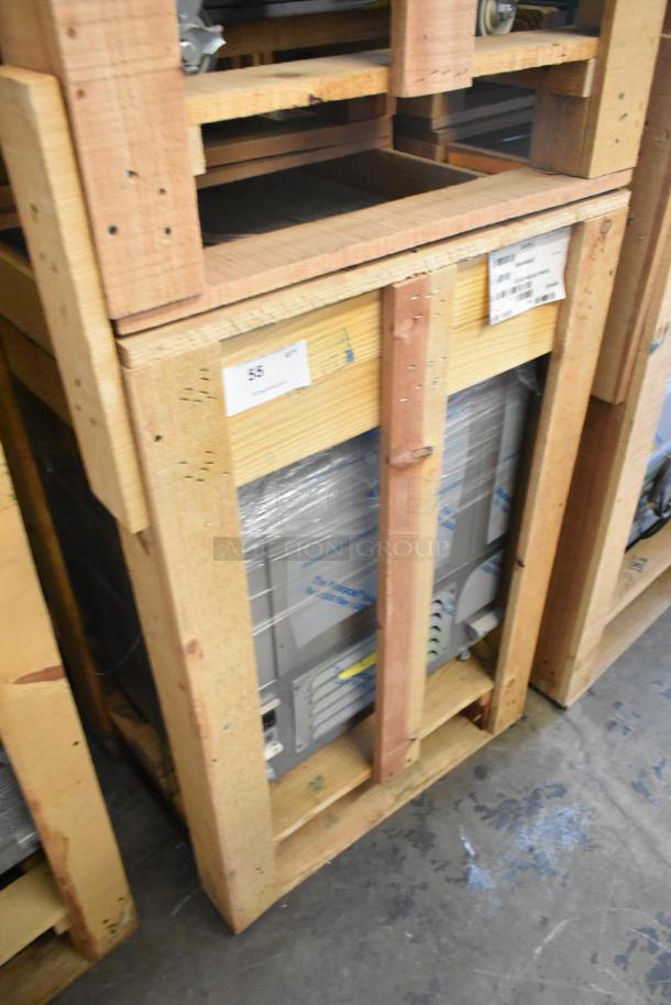 Brand new 2021 BKI 52473-1 stainless steel commercial freezer, on casters, packaged in a wooden crate. 115 volts, 1 phase.