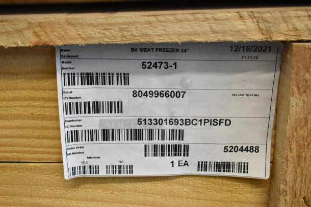Brand new 2021 BKI 52473-1 stainless steel commercial freezer tag, features serial and condenser numbers.