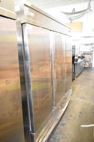 Brand new 2024 Avantco 178SS3FHC commercial 3-door stainless steel freezer with poly coated racks on casters.