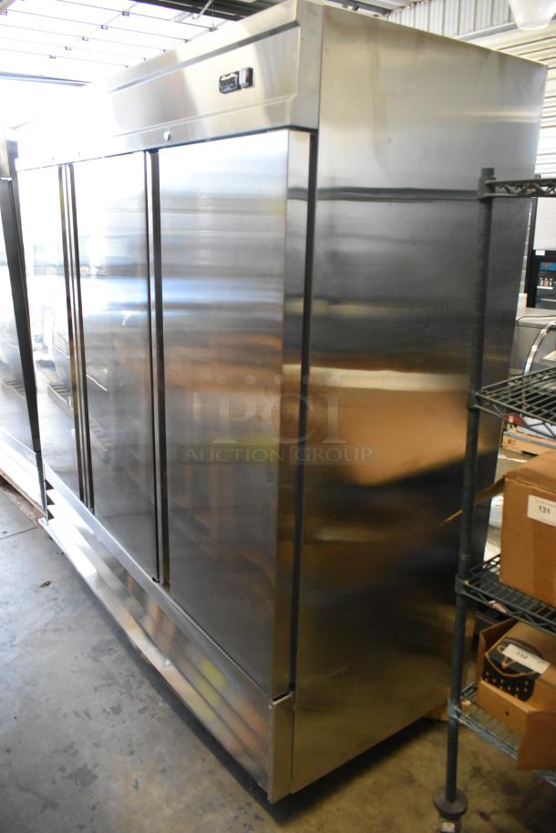 Brand new 2024 Avantco 178SS3FHC stainless steel commercial 3-door reach-in freezer with poly-coated racks on casters.