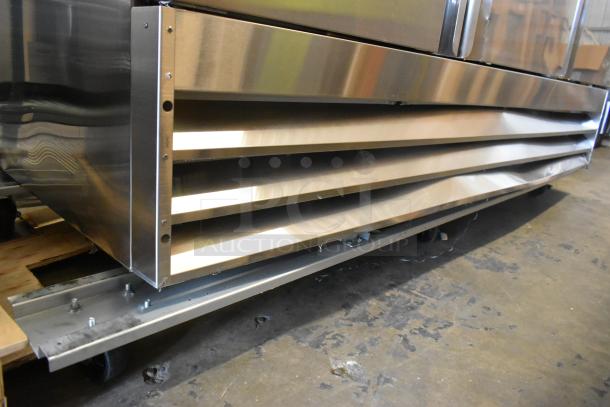 Brand new 2024 Avantco 178SS3FHC stainless steel 3-door commercial freezer with poly-coated racks and commercial casters.