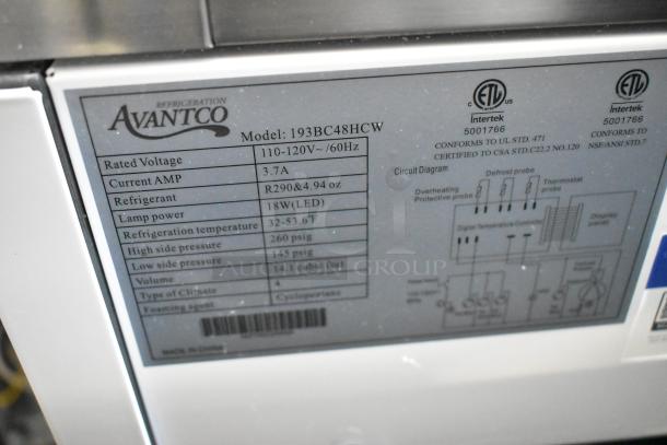 Avantco 193BC48HCW bakery display case label showing model details, voltage, refrigerant type, and certification markings.