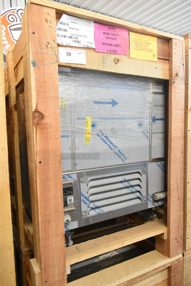 Brand new 2021 BKI 52473-1 stainless steel commercial freezer, 115 volts, 1 phase, on commercial casters in crate.