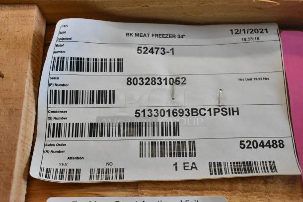 BRAND NEW BKI 52473-1 Stainless Steel Commercial Freezer, on casters, 115V, 1 Phase, label shows model and serial numbers.