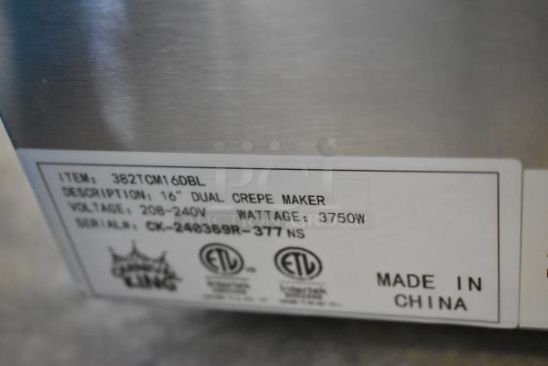 Brand new Carnival King 382TCM16DBL 16" Dual Non-Stick Crepe Maker. 208/240V, 3750W, stainless steel, made in China.