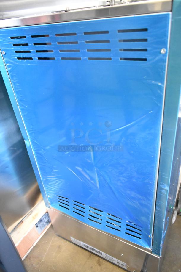 Brand new 2024 Avantco 177VBE102M stainless steel vertical broiler with blue protective film, 65 lb. capacity, 208/240V.