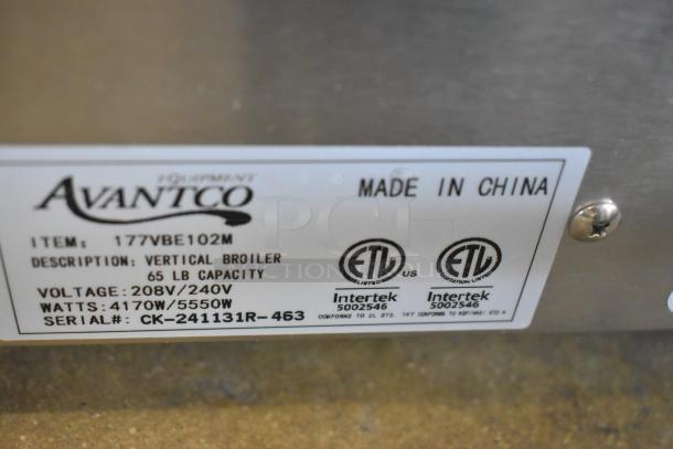 Avantco 177VBE102M vertical broiler label, showing 65 lb capacity, 208/240V, 4170W/5550W, Made in China, ETL certified.