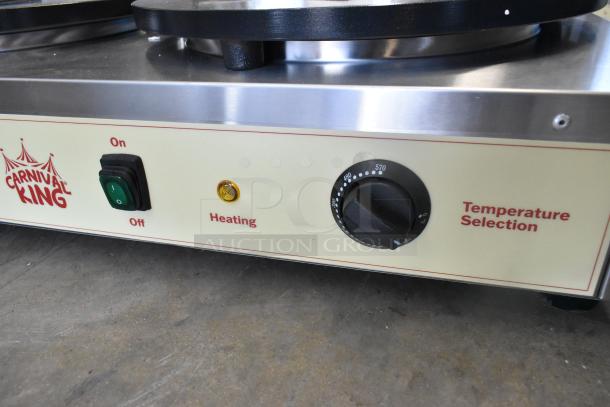 Brand new 2024 Carnival King 382TCM16DBL stainless steel 16" dual non-stick crepe maker. Features temperature control.