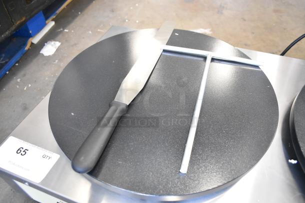 BRAND NEW 2024 Carnival King 382TCM16DBL stainless steel 16" dual non-stick crepe maker, shown with spatula.