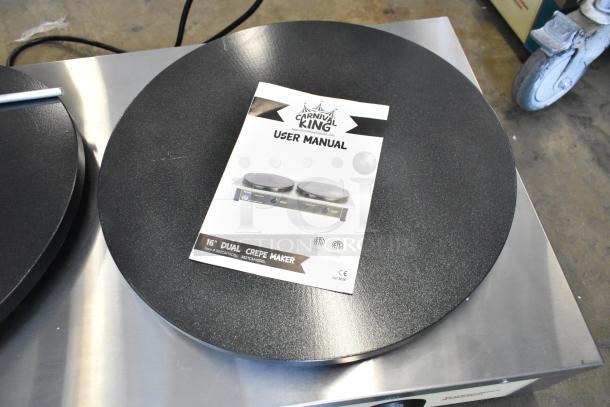 BRAND NEW Carnival King 382TCM16DBL 16" Dual Non-Stick Crepe Maker, stainless steel, includes user manual, 208/240V, 1 phase.