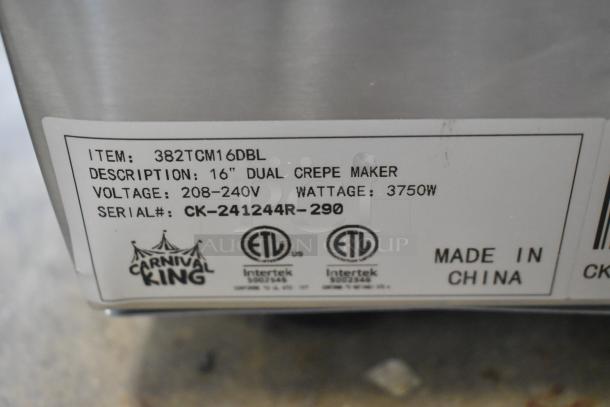 BRAND NEW Carnival King 382TCM16DBL 16" Dual Crepe Maker, stainless steel, 208/240V, 3750W, minor scratches, made in China.