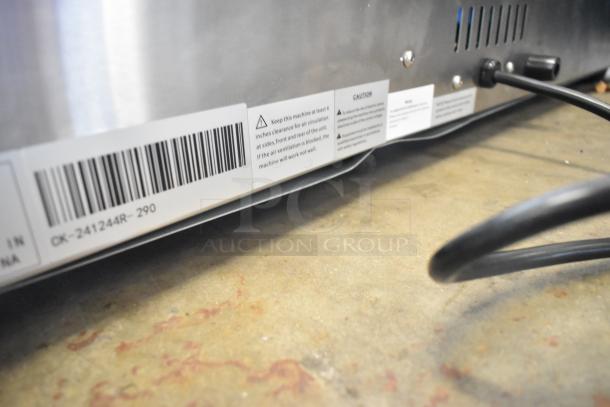 2024 Carnival King Crepe Maker model 382TCM16DBL, stainless steel, dual non-stick, 16", 208/240V, brand new. Scratch and dent condition. Tags show maintenance instructions.