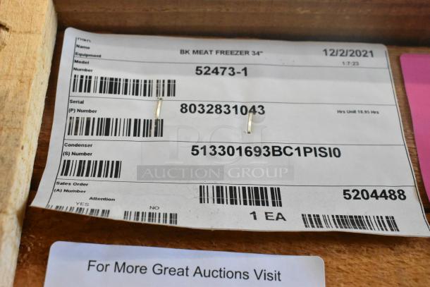 Label showing BKI 52473-1 Meat Freezer details and barcode. Serial: 8032831043. Date: 12/2/2021.