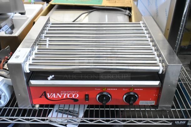Brand new 2024 Avantco 177RG1830 stainless steel hot dog roller grill with 11 rollers, 120 volts, front controls.