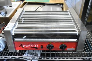 Brand new 2024 Avantco 177RG1830 stainless steel hot dog roller grill with 11 rollers, 120 volts, front controls.