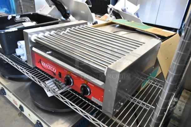 BRAND NEW Avantco 177RG1830 Stainless Steel 30 Hot Dog Roller Grill with 11 rollers, minor scratches, 120V, 1 Phase.