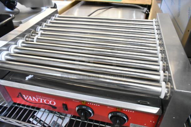 BRAND NEW 2024 Avantco 177RG1830 hot dog roller grill, stainless steel, 11 rollers, 120 volts, slight scratches visible.
